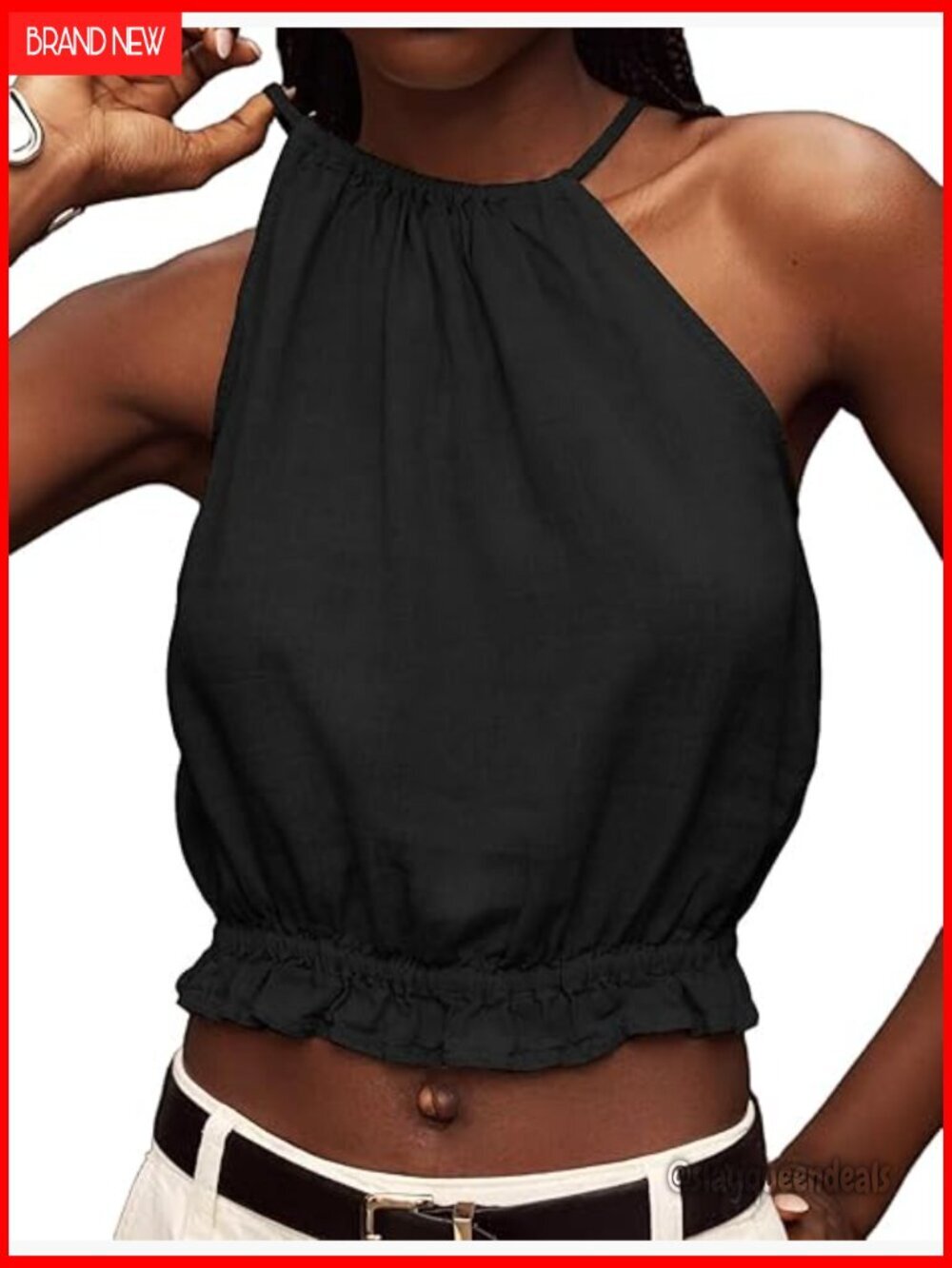Linen Blend Halter Crop Top High Neck Sleeveless Summer Tank